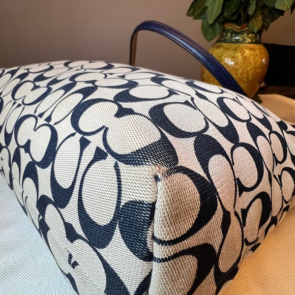 COACH Navy Blue and Khaki Signature C City Canvas and Leather Zipper Tote Bag - Picture 7 of 12